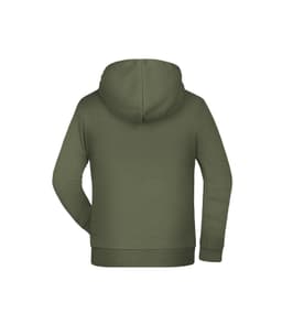 An olive green children's hoodie featuring a kangaroo pocket and a hood at the back. It has a logo.