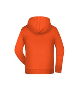 An orange children's hoodie featuring a spacious hood and a simple design. Includes a branded logo.