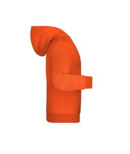 A children's hoodie in bright orange with a kangaroo pocket and a hood, featuring a logo on the front.