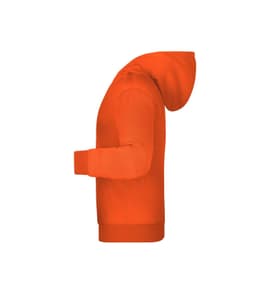 An orange children's hoodie featuring a hood and long sleeves, showcasing a side view.