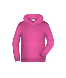 A pink children's hoodie with a front pocket and a hood. It features a logo on the label.
