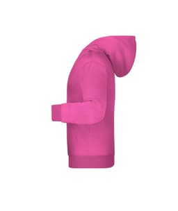 A pink children's hoodie featuring a hood and long sleeves, with a front pocket and branding.