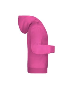 A bright pink children's hoodie with a hood and long sleeves, featuring a logo on the front.