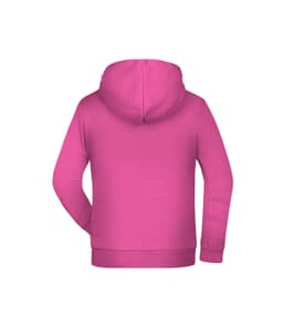 A bright pink children's hoodie featuring a hood and long sleeves, with a logo on the back.
