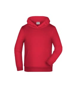A red children's hoodie featuring a front pocket and a hood. It has a branding logo on the label.