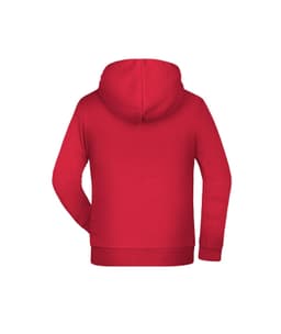 A red children's hoodie featuring a spacious hood and long sleeves. The back includes a logo.