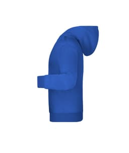 A blue children's hoodie featuring a kangaroo pocket and a hood, displayed from the side.