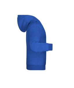 A blue children's hoodie with a kangaroo pocket and a hood, displayed from the side.