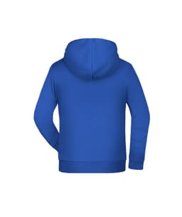 A blue children's hoodie with a kangaroo pocket and a hood. Features a logo on the back.