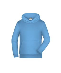 A blue children's hoodie with a front pocket and a hood, featuring a logo on the label.
