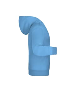 A light blue children's hoodie with a kangaroo pocket and a hood, featuring a logo on the front.
