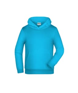 A bright turquoise children's hoodie featuring a front pocket and a hood, with a label inside.