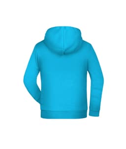 A turquoise children's hoodie featuring a hood and long sleeves, with a logo on the back.
