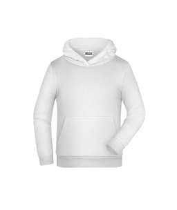 A white children's hoodie featuring a front pocket and a hood. The product has a logo on it.
