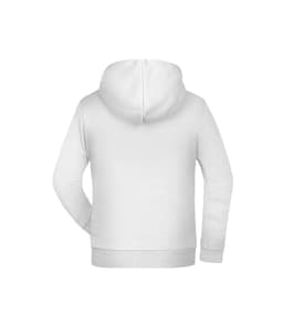 A white children's hoodie featuring a large hood and a simple design, with a branding logo on the back.