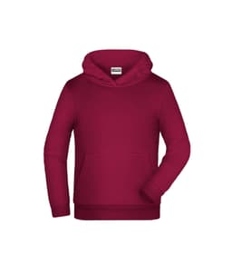 A maroon children's hoodie featuring a front pocket and a hood, with a logo on the label.