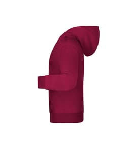 A maroon children's hoodie with a hood, featuring a side view and a fitted design. It includes a logo.