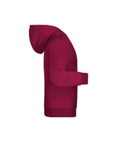 A maroon children’s hoodie featuring a hood and long sleeves. The design has a logo on the front.