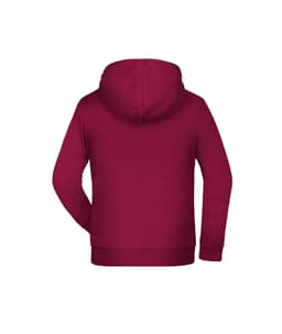 A children's hoodie in maroon with a hood and long sleeves, featuring a logo on the back.
