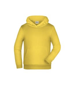 A bright yellow children's hoodie with a front pocket and a hood. It features long sleeves and a logo.