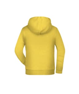 A yellow children's hoodie features a back view with a hood and long sleeves. It has a logo.