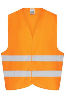 An orange safety vest for adults with three reflective white stripes, featuring no logos or text.