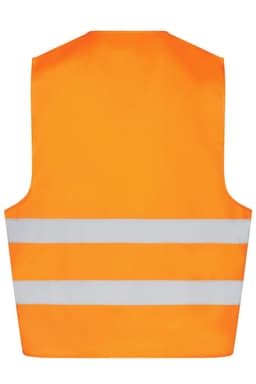 An orange safety vest with two reflective stripes, designed for visibility and safety. It has a branding logo.