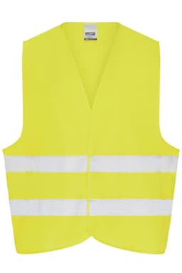 A bright yellow safety vest with reflective white stripes, designed for adult use, featuring a simple, sleeveless design.