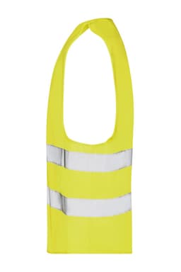 A bright yellow safety vest with reflective strips, featuring a sleeveless design and a logo.