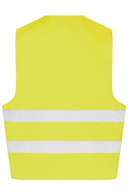 A yellow safety vest with two horizontal white reflective stripes and no visible branding.