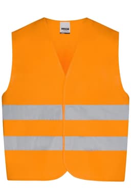 An orange safety vest with reflective strips, designed for visibility and safety. Includes branding on the label.