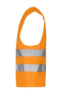 An orange safety vest featuring two horizontal silver reflective stripes. The vest has a sleeveless design.