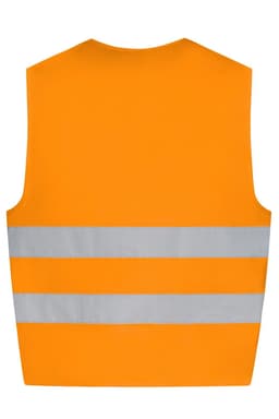 An orange safety vest for kids featuring three reflective stripes. The vest has no sleeves and a plain back.