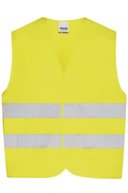 A bright yellow safety vest with reflective silver strips, designed for children's safety wear. It features a logo.