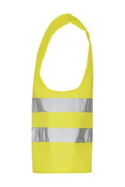 A bright yellow safety vest for kids featuring three reflective silver stripes. The vest has a sleeveless design and includes a logo.