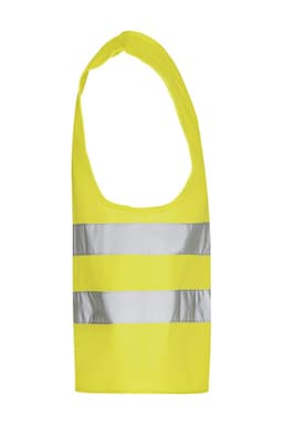 A bright yellow safety vest with three reflective stripes and an open design. It features a logo near the neckline.