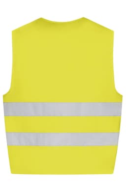 A bright yellow safety vest featuring reflective stripes. It has a simple design and includes a branding logo.