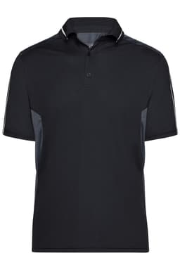 A black polo shirt featuring short sleeves and a collar, with contrasting side panels and a logo.