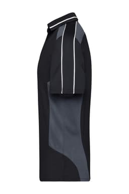 A polo shirt in black and grey with short sleeves, featuring a logo. Side view showcasing design details.