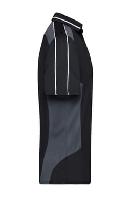 A black and grey polo shirt with contrasting seams and a logo on the chest, shown from the side.
