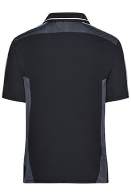 A black polo shirt with contrasting grey panels and a collar, featuring a logo.