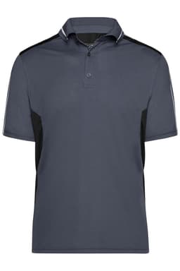 A grey polo shirt with black accents, featuring a classic collar and a logo on the chest.