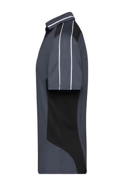 A grey and black Craftsmen polo shirt featuring a logo, with contrasting side panels and piping details.