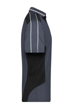 A grey and black polo shirt with a modern design and logo, featuring contrasting stripes on the shoulders.