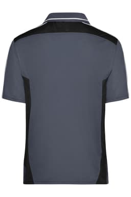 A grey polo shirt with black side panels and a collar, featuring a logo on the back.
