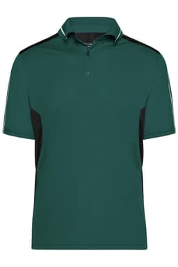 A green polo shirt featuring black side panels and a collar, with a logo on the chest.