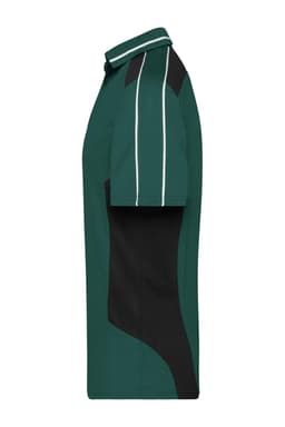 A green polo shirt with black accents and white piping, featuring a logo on the chest.