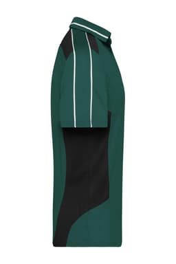 A polo shirt in dark green with black detailing and a logo on the chest. Features a collared design and short sleeves.
