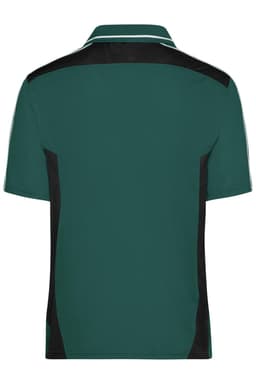 A craftsmen polo shirt in dark green with black side panels and a white collar, featuring a logo on the back.