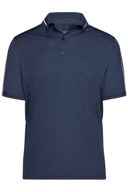 A navy blue polo shirt with a collar, short sleeves, and a logo on the chest.